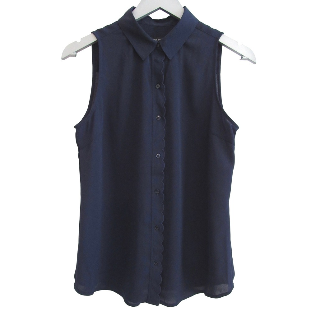 Banana Republic Navy Blue Sleeveless Scallop Trim Button Down Blouse Petite S